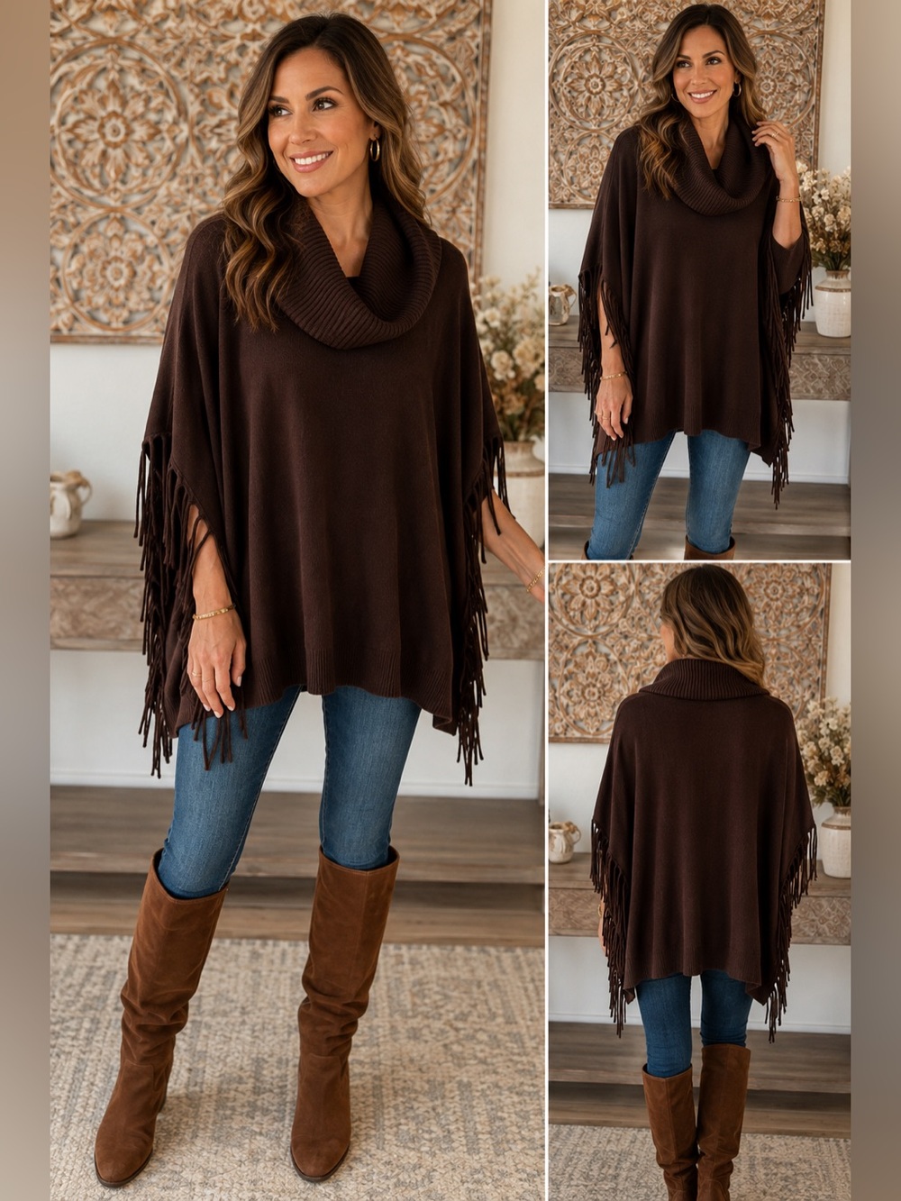 Michael Kors Brown Cowl-Neck Fringe Poncho, Soft Cozy